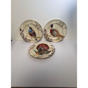 Pottery Barn Fresco Birds Salad Plates - Set of 3 (Turkey, Pheasant, Quail)
